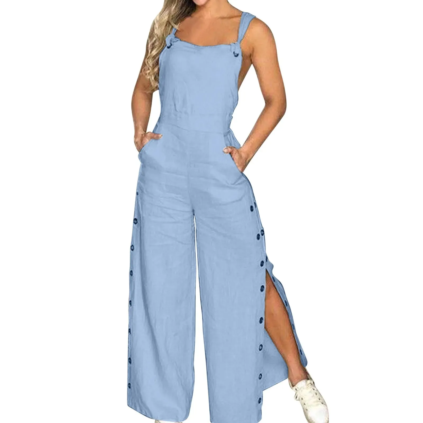 Plus Size Ladies Sexy Romper Jumpsuit Summer Sleeveless Twisted Knot Cotton Strappy Pants Button Openings Women'S Jumpsuits