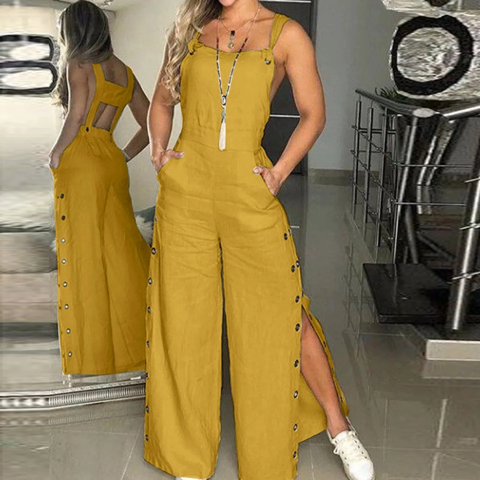 Plus Size Ladies Sexy Romper Jumpsuit Summer Sleeveless Twisted Knot Cotton Strappy Pants Button Openings Women'S Jumpsuits