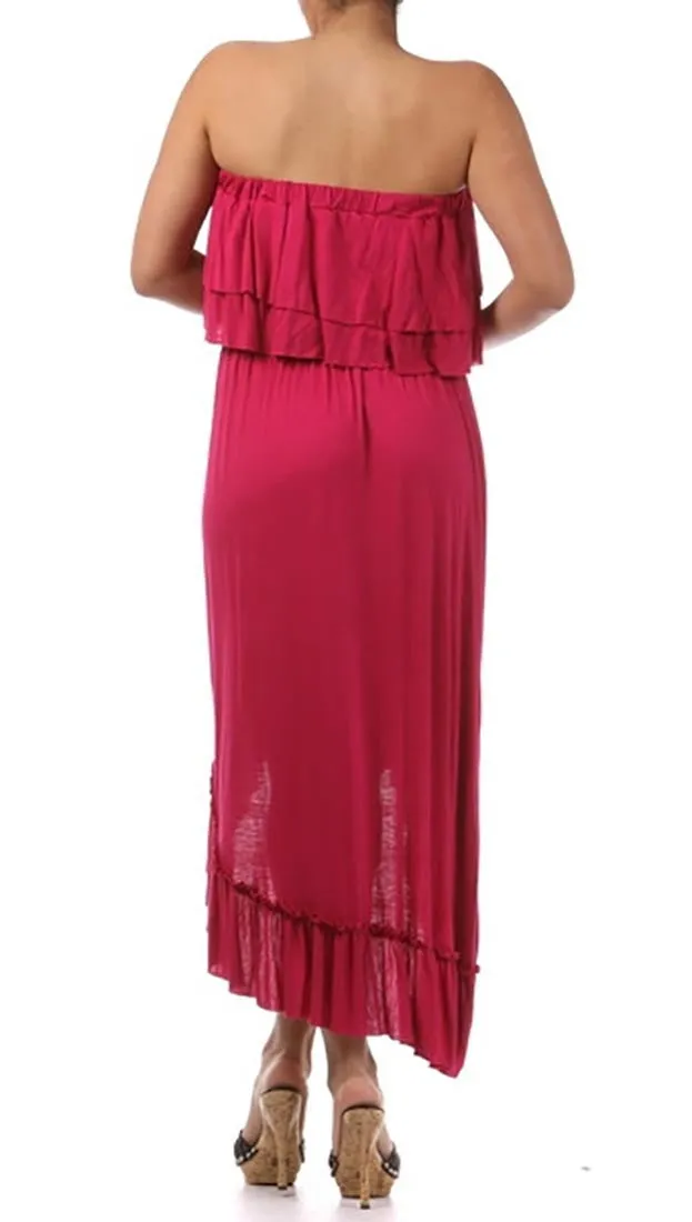 Plus Size Strapless Ruffle Hi Low Dress in Fuchsia