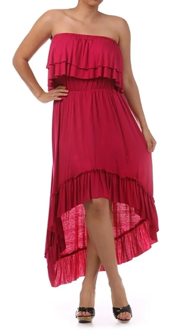 Plus Size Strapless Ruffle Hi Low Dress in Fuchsia