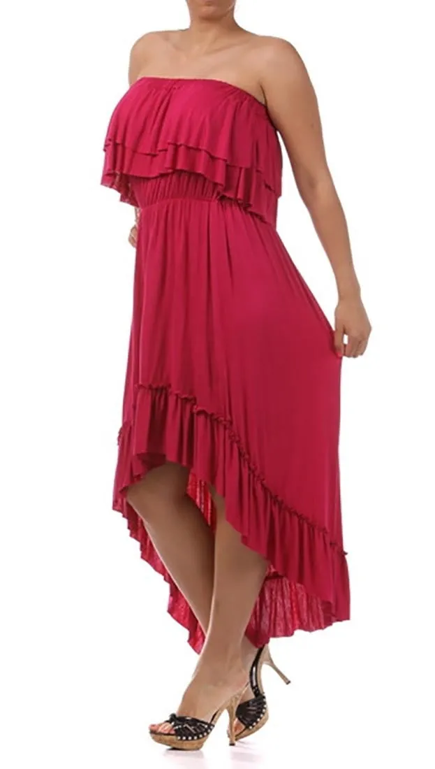 Plus Size Strapless Ruffle Hi Low Dress in Fuchsia