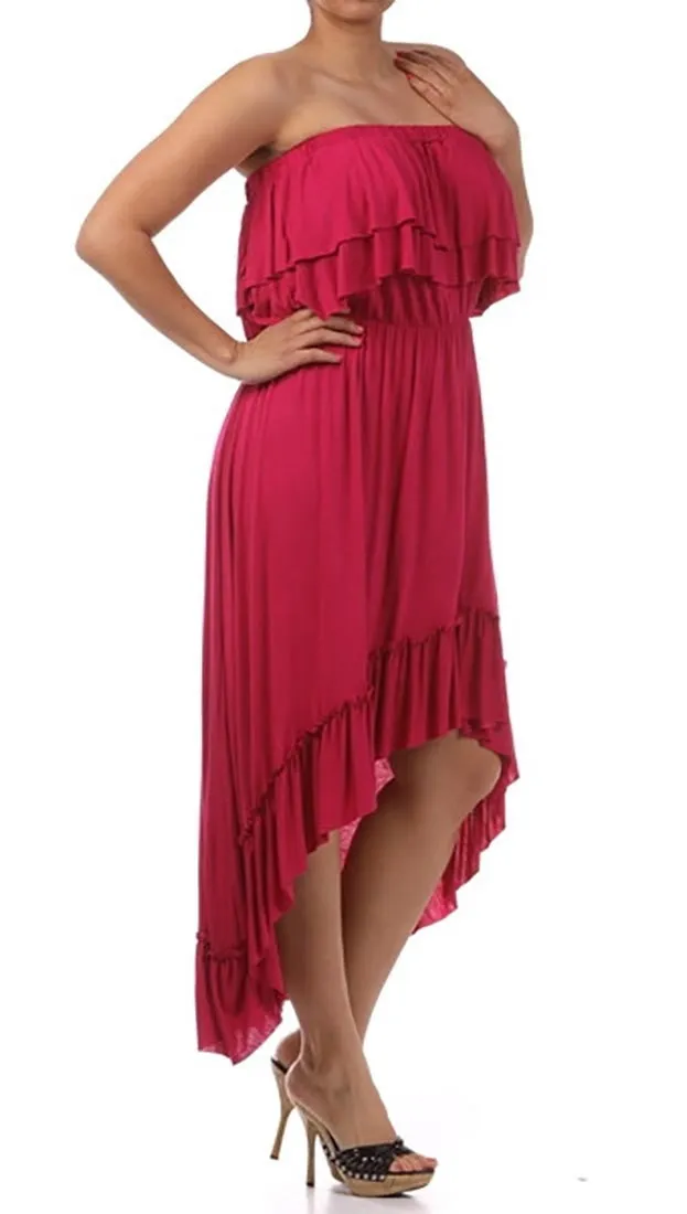 Plus Size Strapless Ruffle Hi Low Dress in Fuchsia