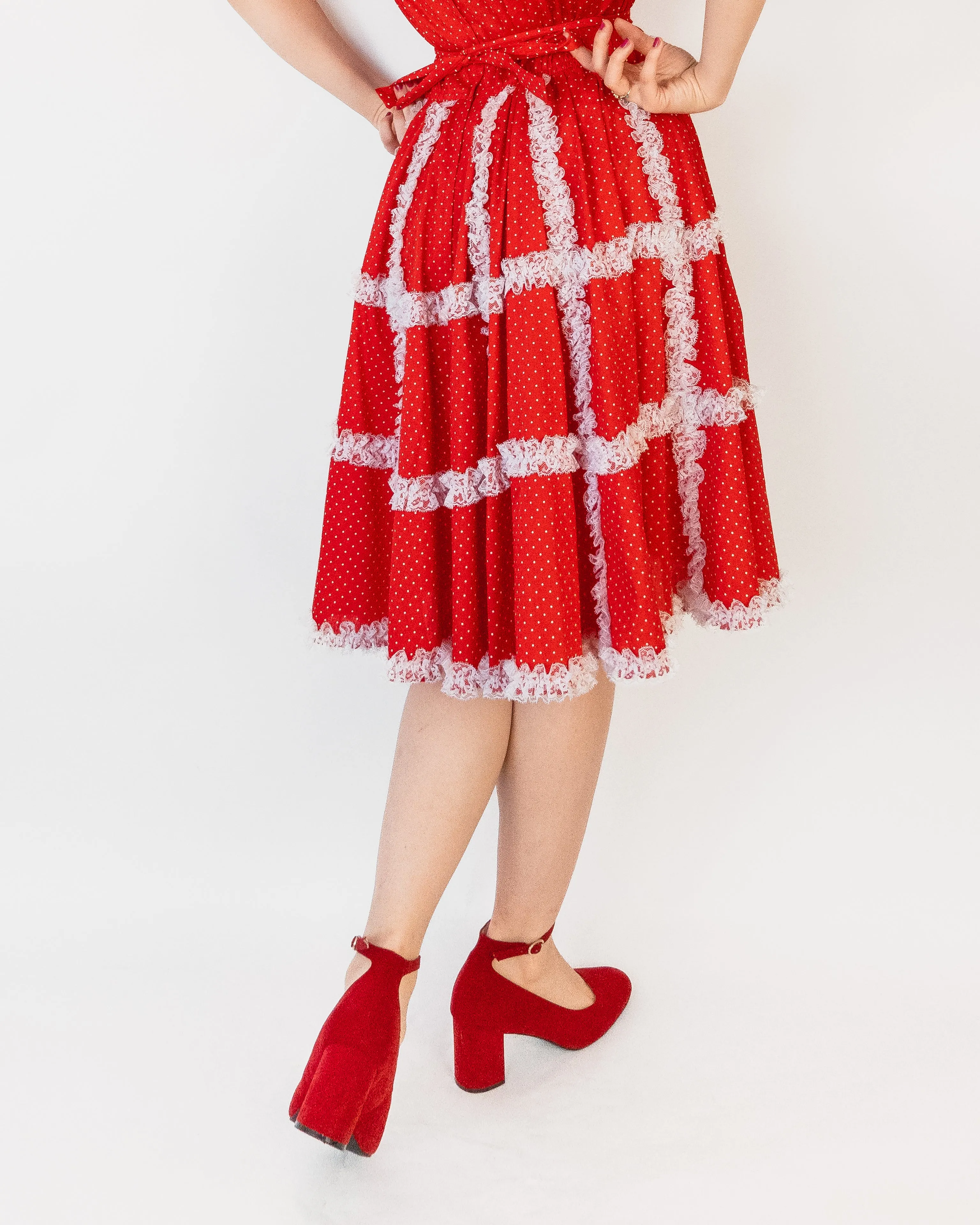 Polka Dot A-line Lace Trim Midi Dress with Puff Sleeves Red