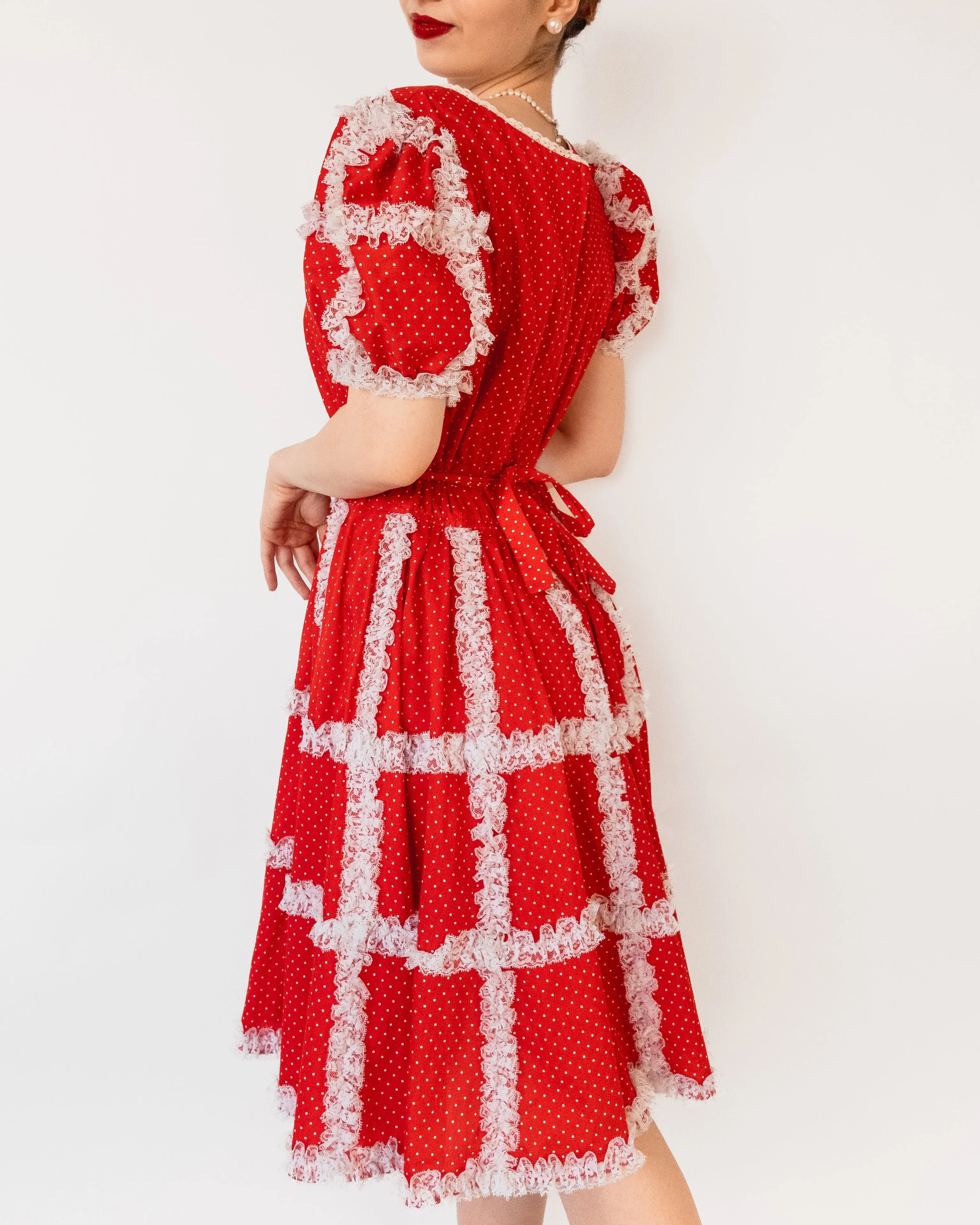 Polka Dot A-line Lace Trim Midi Dress with Puff Sleeves Red