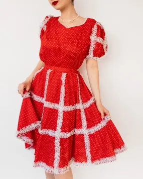 Polka Dot A-line Lace Trim Midi Dress with Puff Sleeves Red