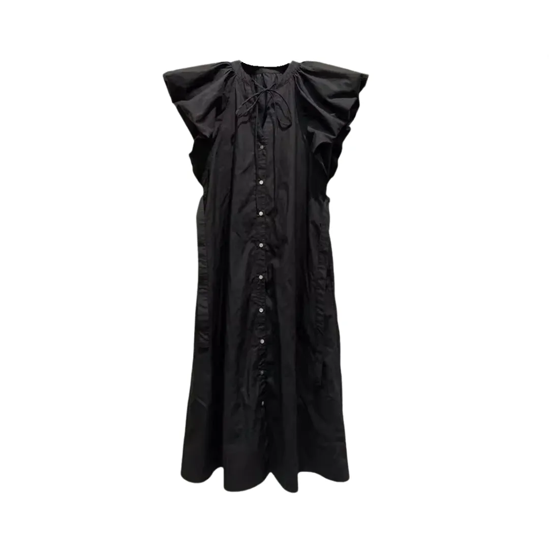 Pre Order:  Retro V-Neck Puff Sleeve Lace-Up Loose Dress