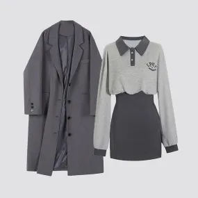 Preppy Chic Letter-Emblazoned Sweatshirt Dress and Blazer Set