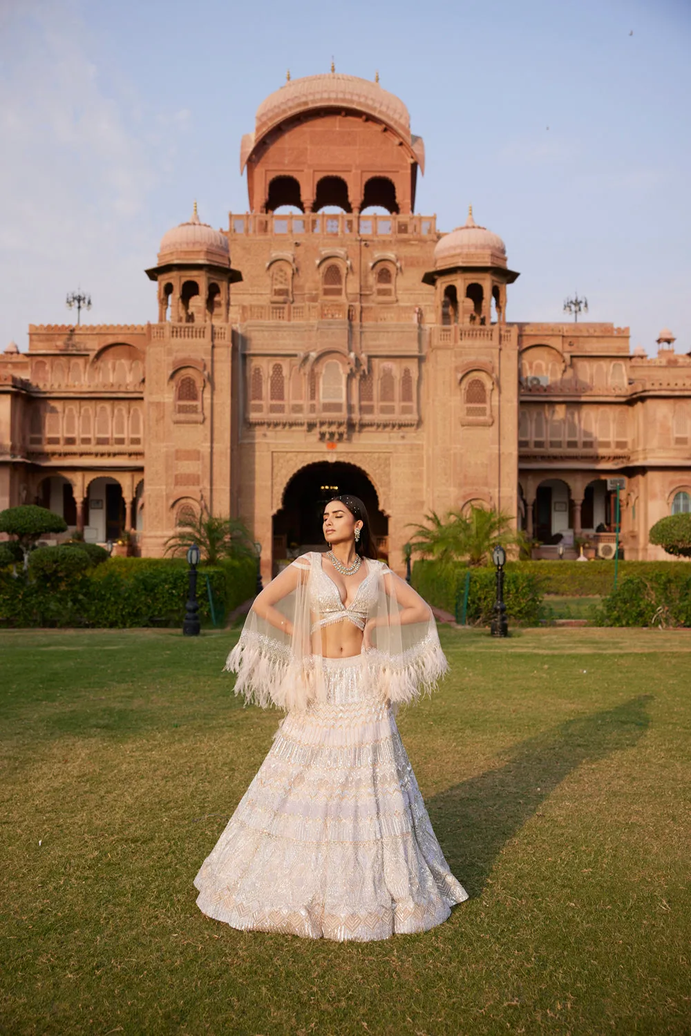 "Armina" Silver Sequin And Crystal Beads Hand Embroidered Lehenga Set With Cape