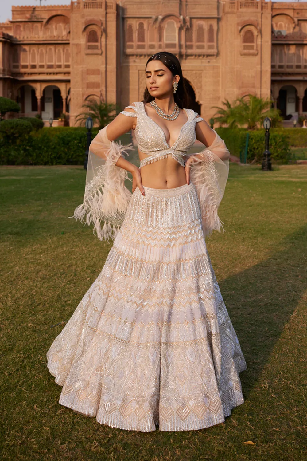 "Armina" Silver Sequin And Crystal Beads Hand Embroidered Lehenga Set With Cape