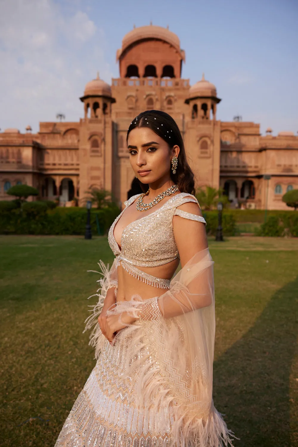 "Armina" Silver Sequin And Crystal Beads Hand Embroidered Lehenga Set With Cape