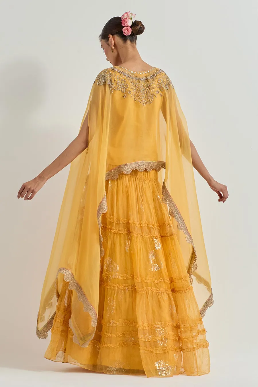 Raeth Yellow Organza Embroidered Cape & Ruffle Lehenga Set