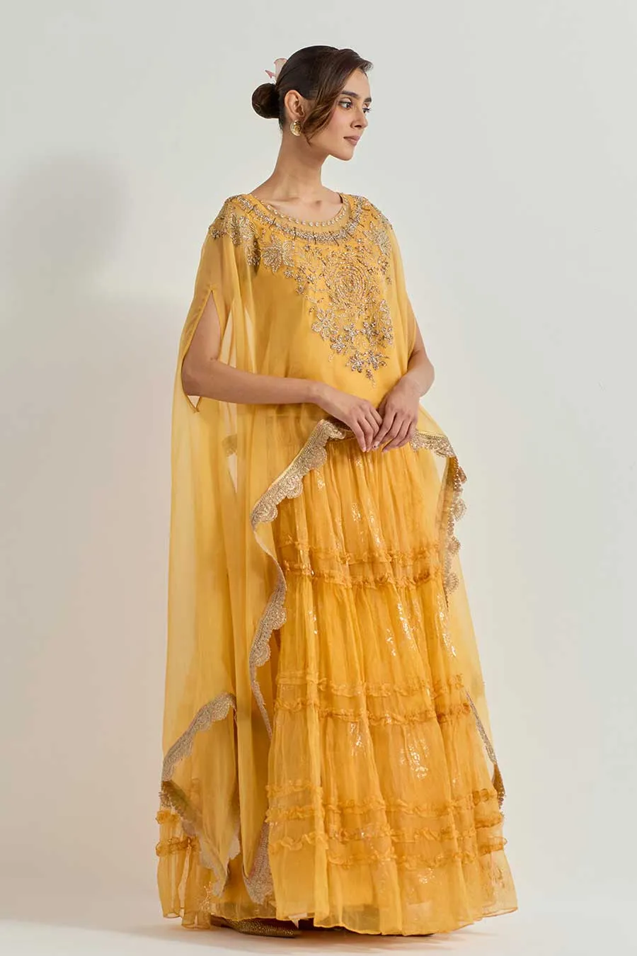 Raeth Yellow Organza Embroidered Cape & Ruffle Lehenga Set