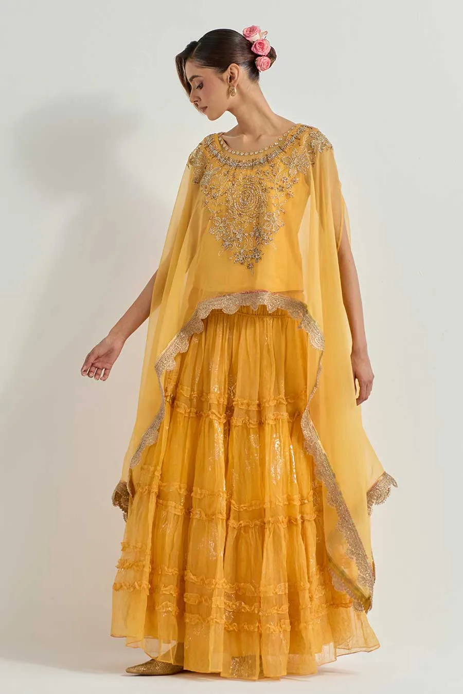 Raeth Yellow Organza Embroidered Cape & Ruffle Lehenga Set