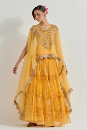 Raeth Yellow Organza Embroidered Cape & Ruffle Lehenga Set