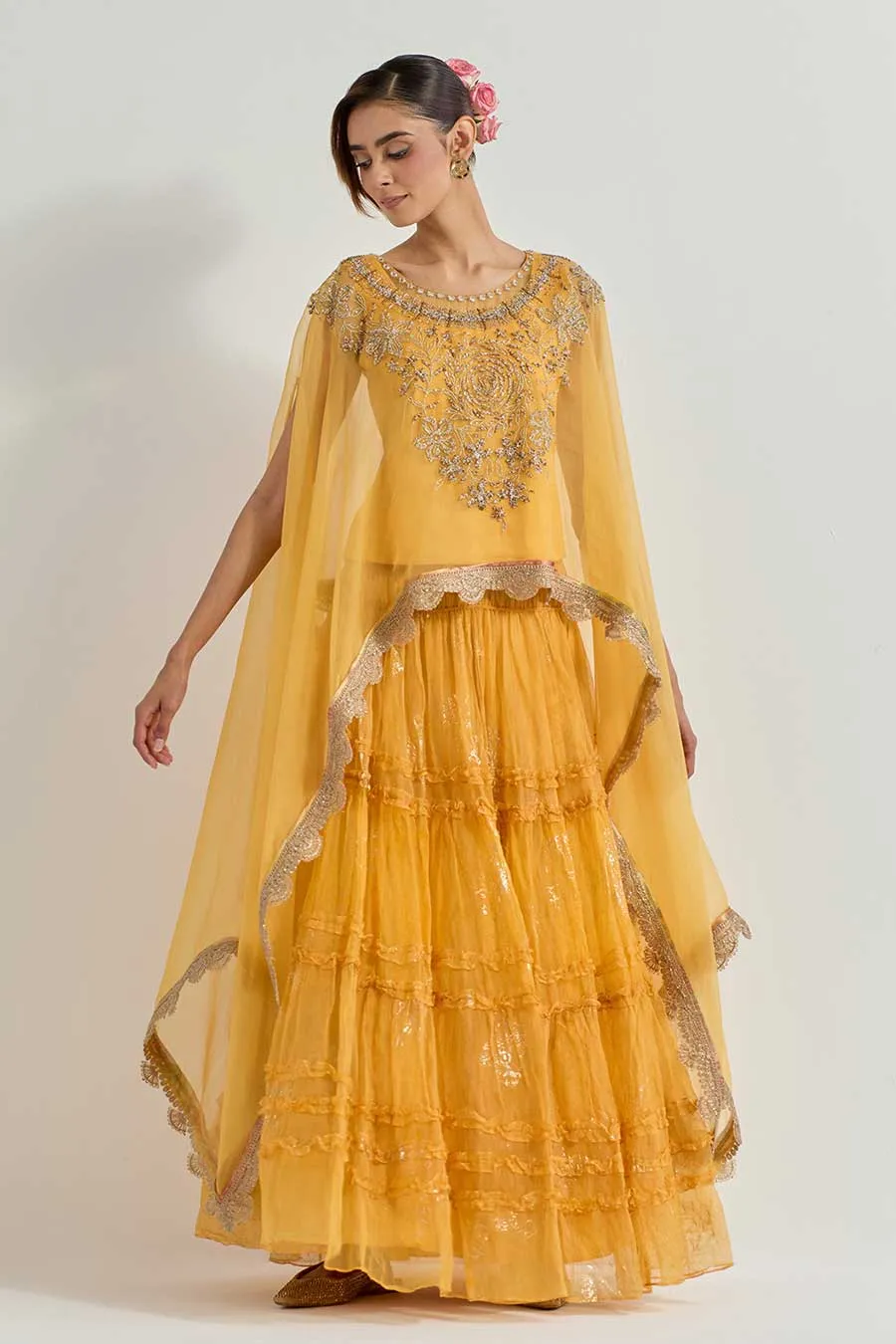 Raeth Yellow Organza Embroidered Cape & Ruffle Lehenga Set