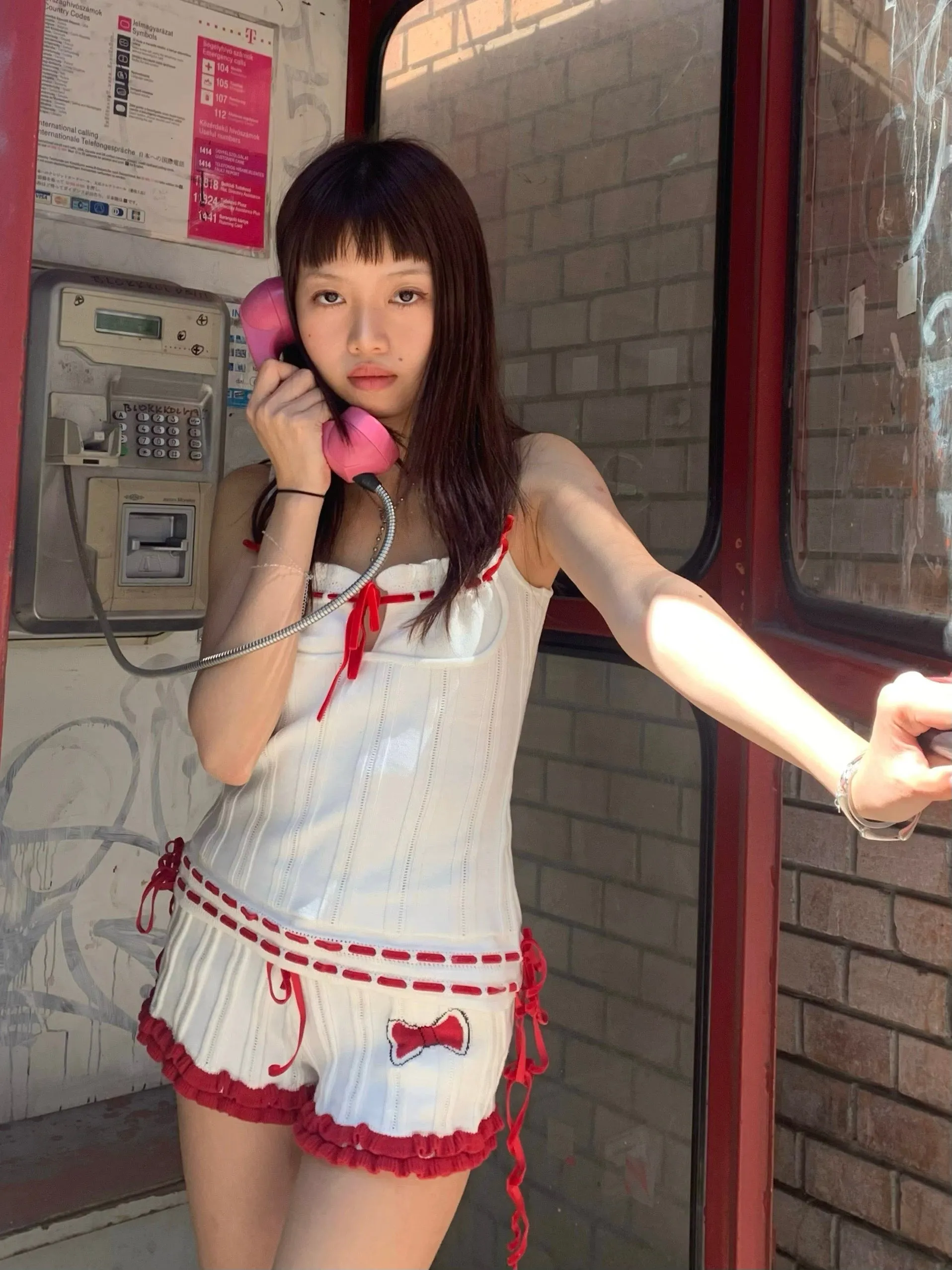 Red and white top   shorts knit set