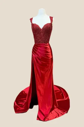 Red Appliques Ruched Long Prom Dress with Slit