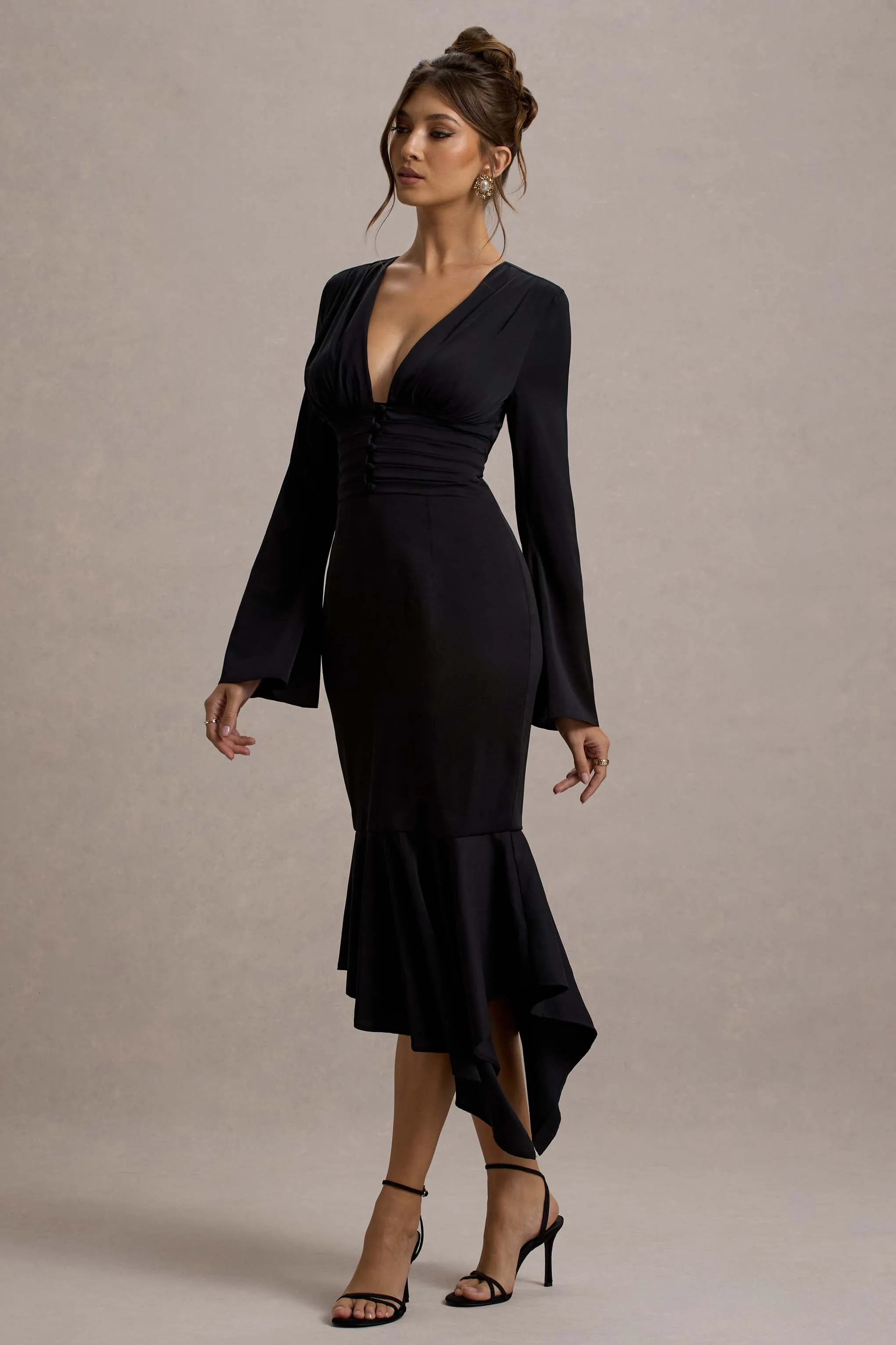 Rehna | Black Plunge-Neck Bell-Sleeve Midi Dress