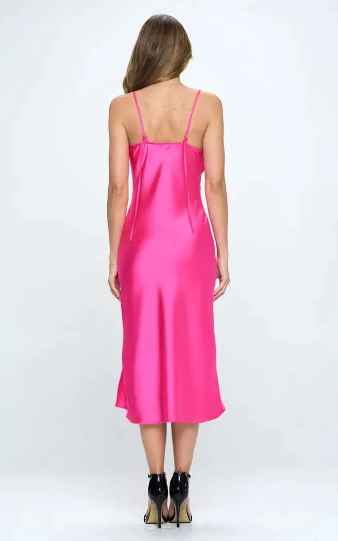 Renee C - Hot Pink Midi Satin Slip Dress w/ Slit Two Way Straps