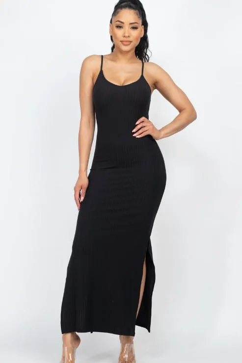 Ribbed Side Slit Long Cami Dress