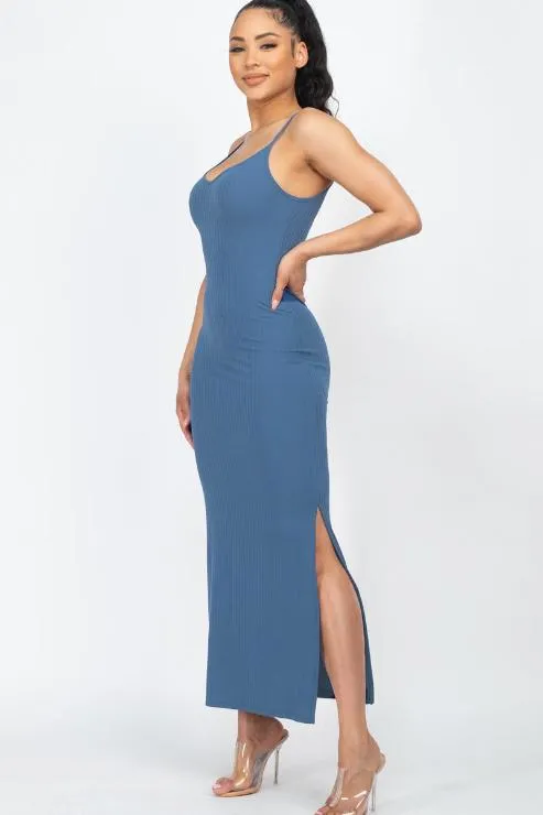 Ribbed Side Slit Long Cami Dress