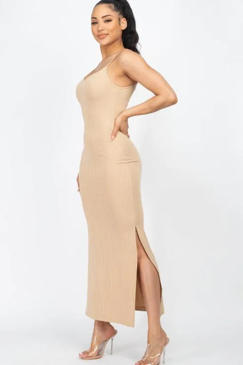 Ribbed Side Slit Long Cami Dress