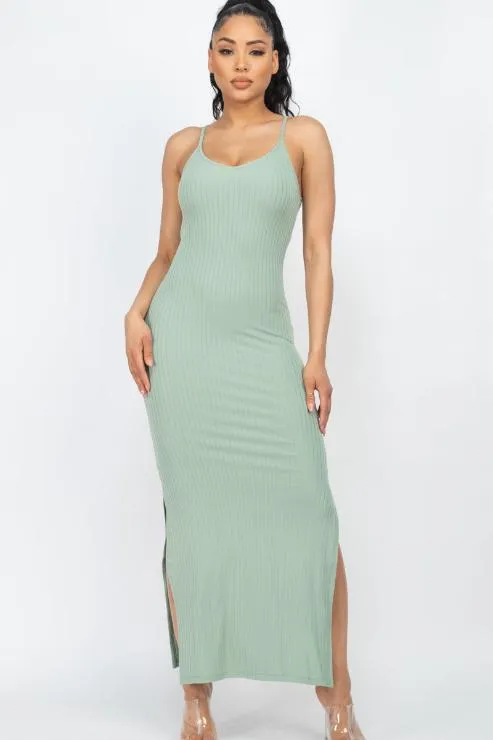 Ribbed Side Slit Long Cami Dress