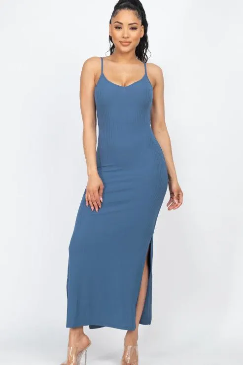 Ribbed Side Slit Long Cami Dress