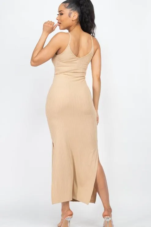 Ribbed Side Slit Long Cami Dress