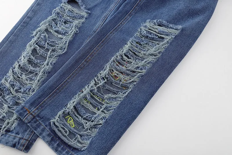 Ripped And Letter Embroidery Decorated Loose Jeans