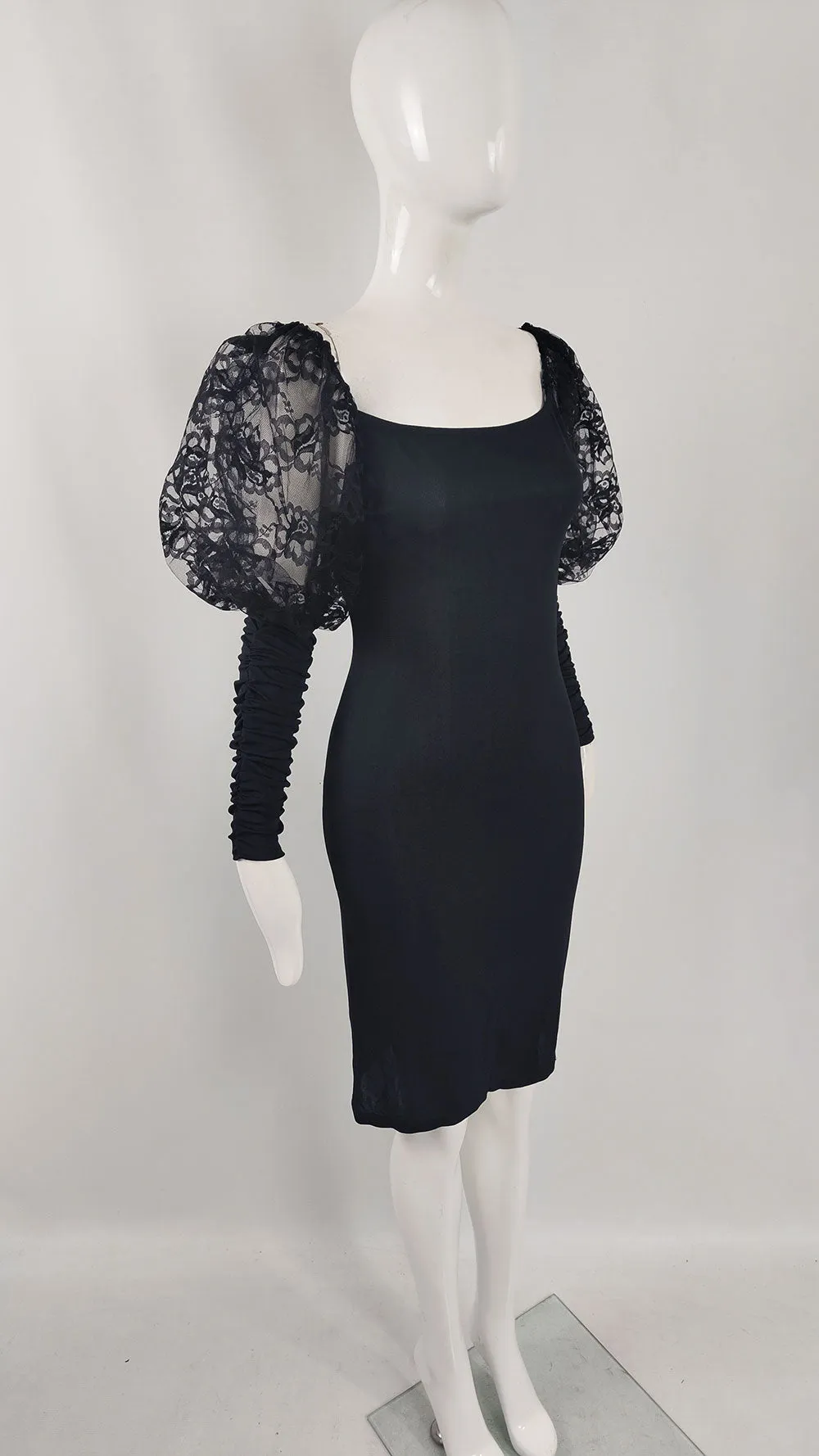 Roots of London Vintage Black Lace Puff Sleeve Dress, 1980s