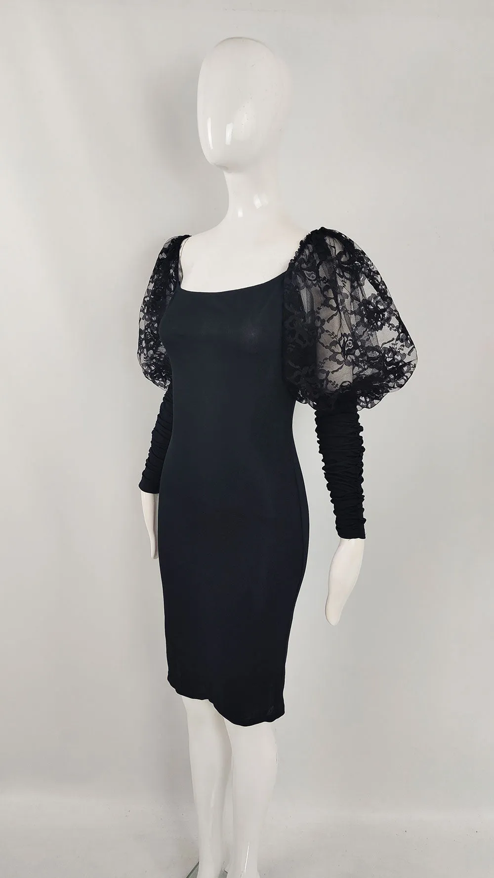 Roots of London Vintage Black Lace Puff Sleeve Dress, 1980s