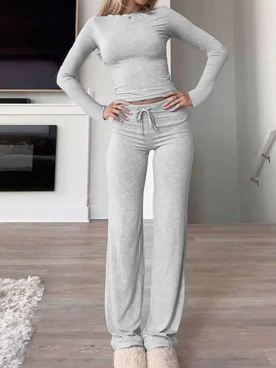 Round Neck Long Sleeve Top and Drawstring Pants Set