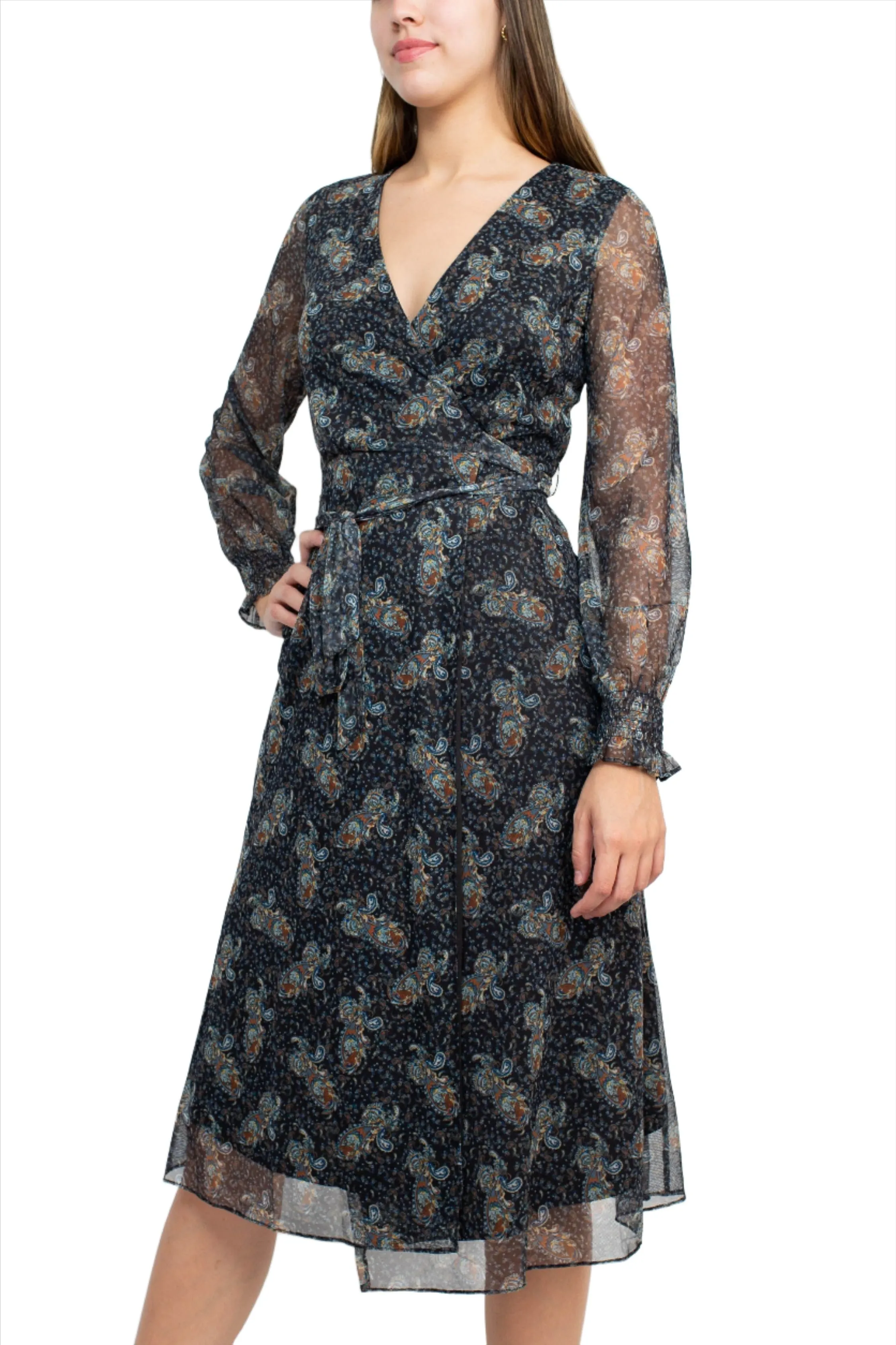 Sage Collective V-Neck Long Sleeve Tie Waist Paisley Print Power Mesh Dress