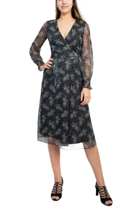 Sage Collective V-Neck Long Sleeve Tie Waist Paisley Print Power Mesh Dress