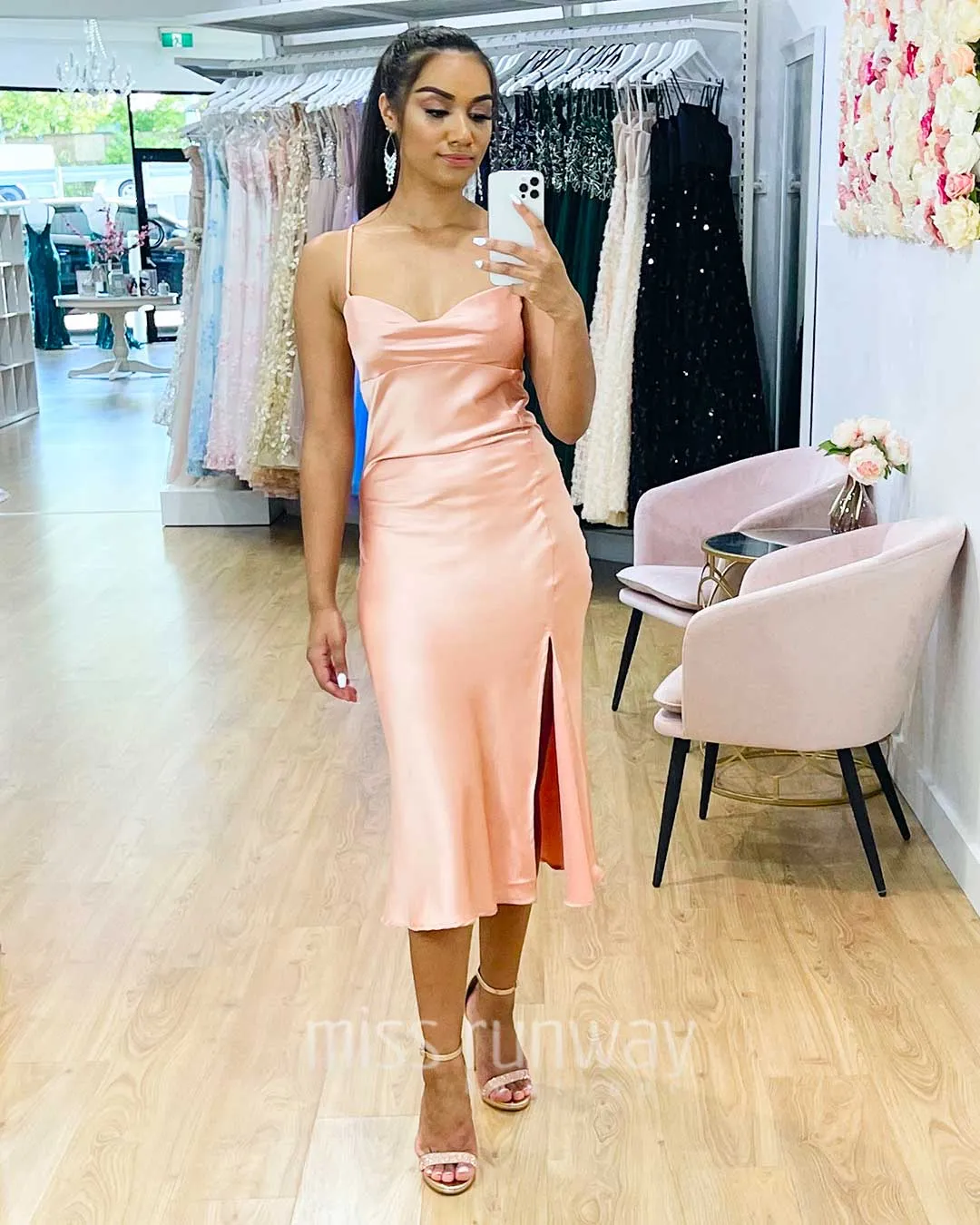 Sandrine Satin Midi Dress - Blush