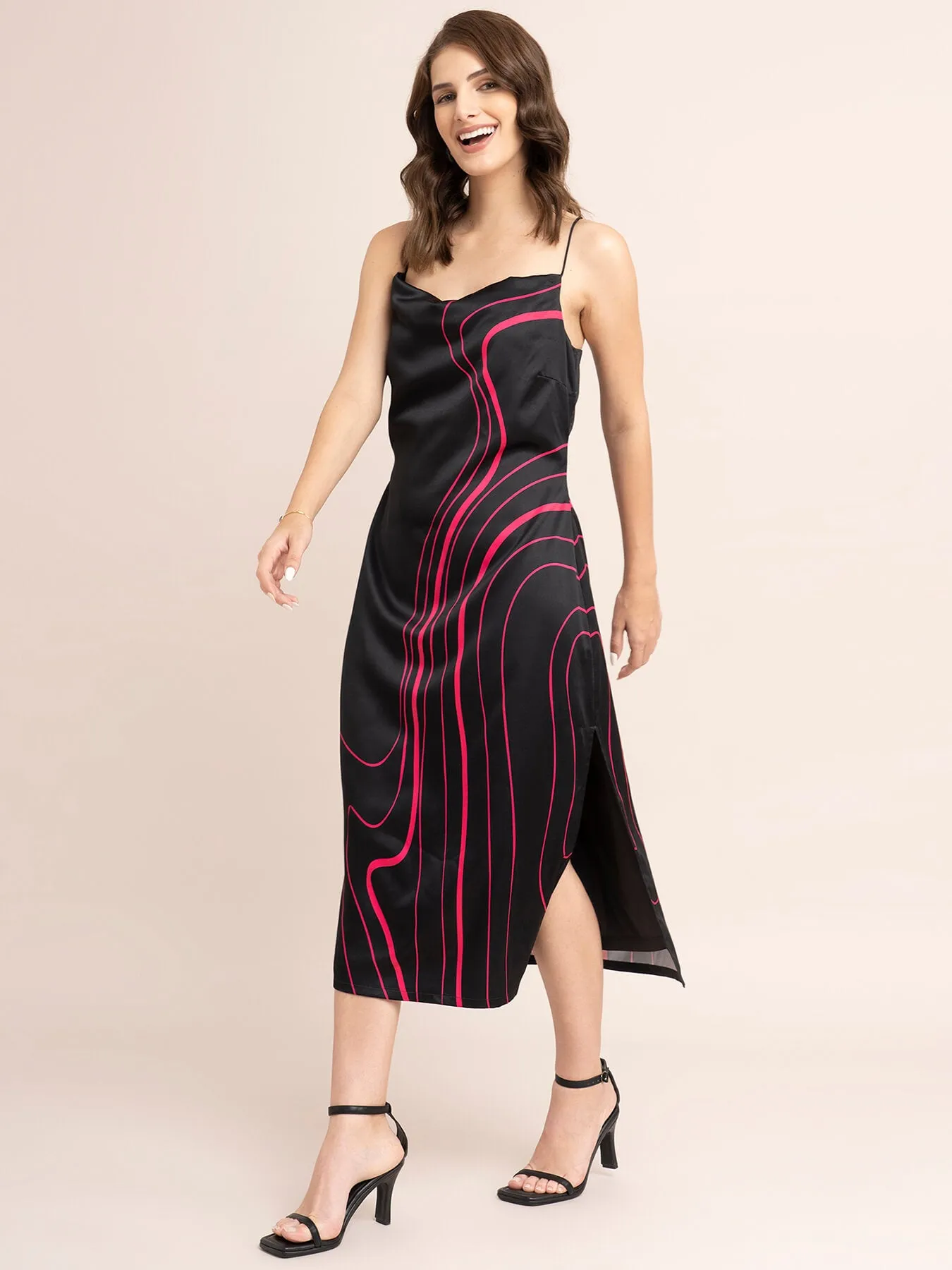 Satin Cowl Neck Slip Dress - Black And Fuchsia