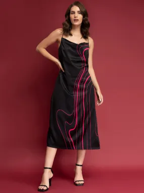 Satin Cowl Neck Slip Dress - Black And Fuchsia