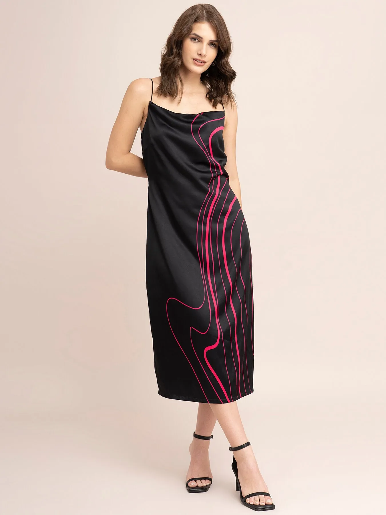 Satin Cowl Neck Slip Dress - Black And Fuchsia