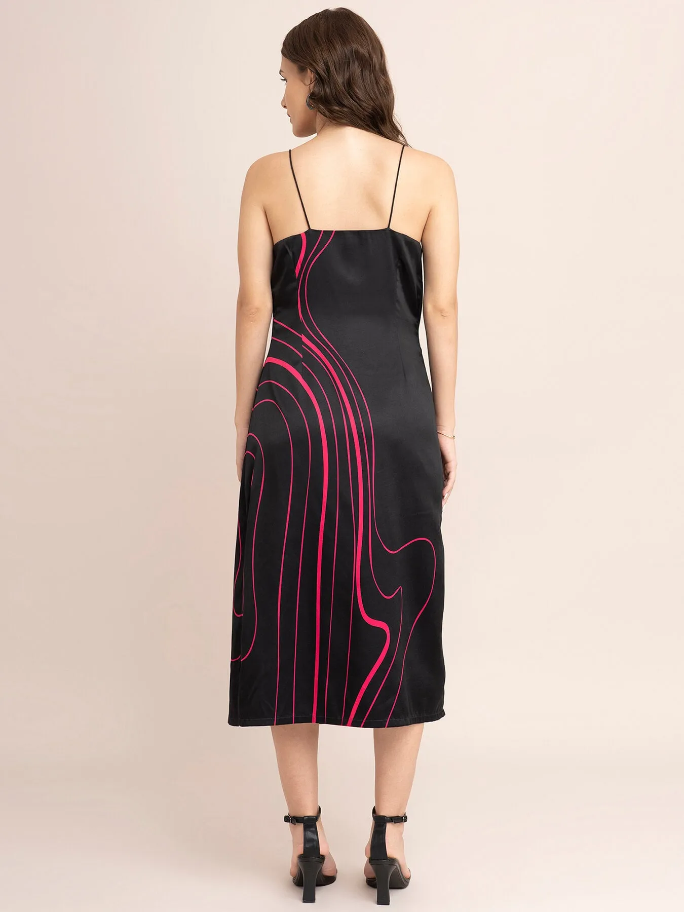 Satin Cowl Neck Slip Dress - Black And Fuchsia