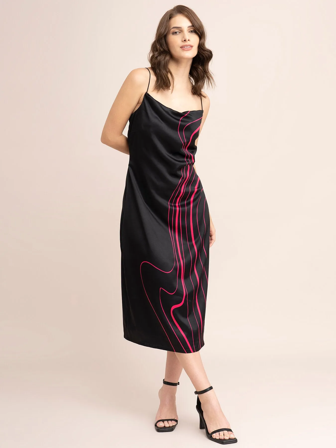 Satin Cowl Neck Slip Dress - Black And Fuchsia