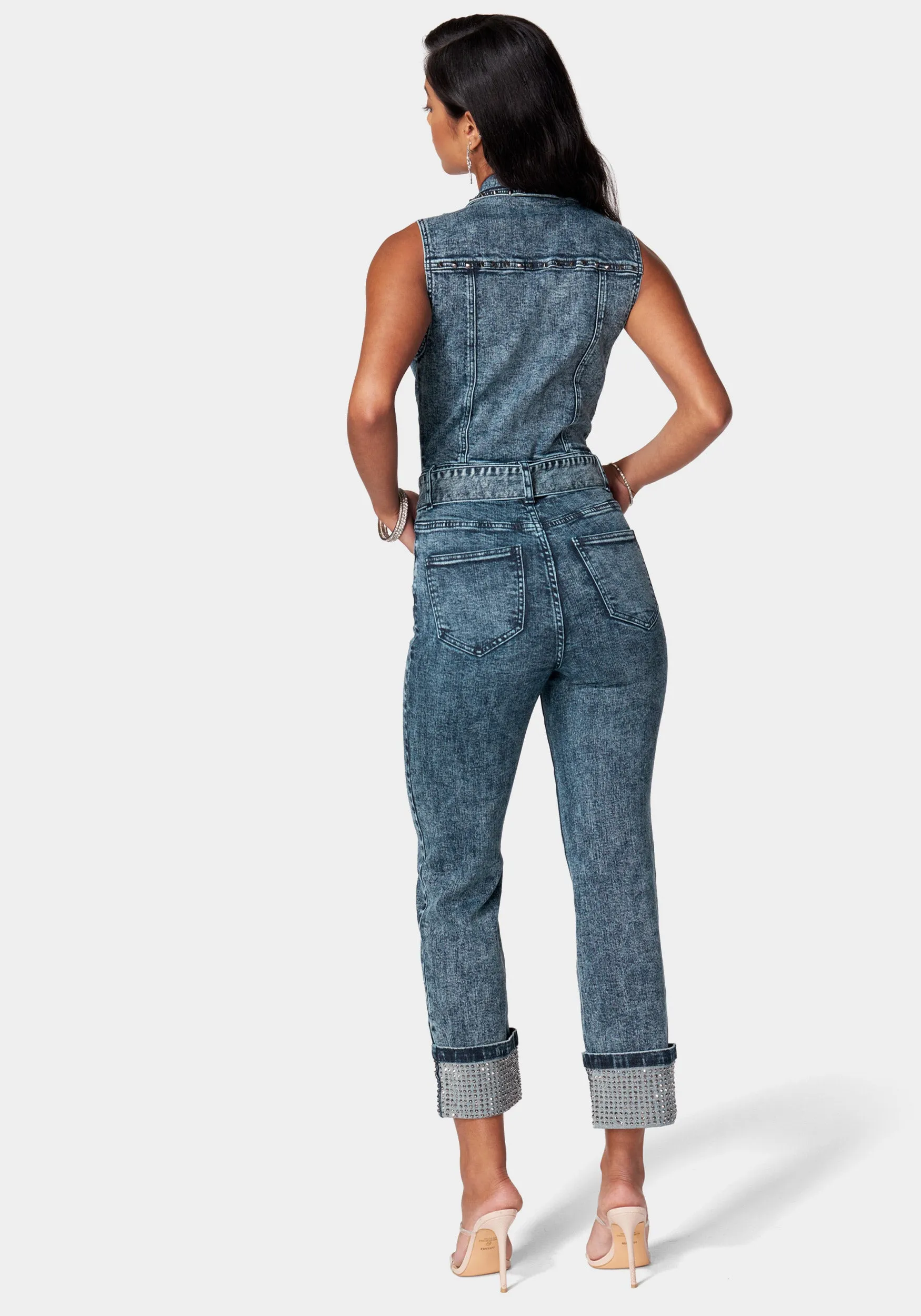 Sequin Sleeveless Cuffed Slim Leg Denim Jumpsuit