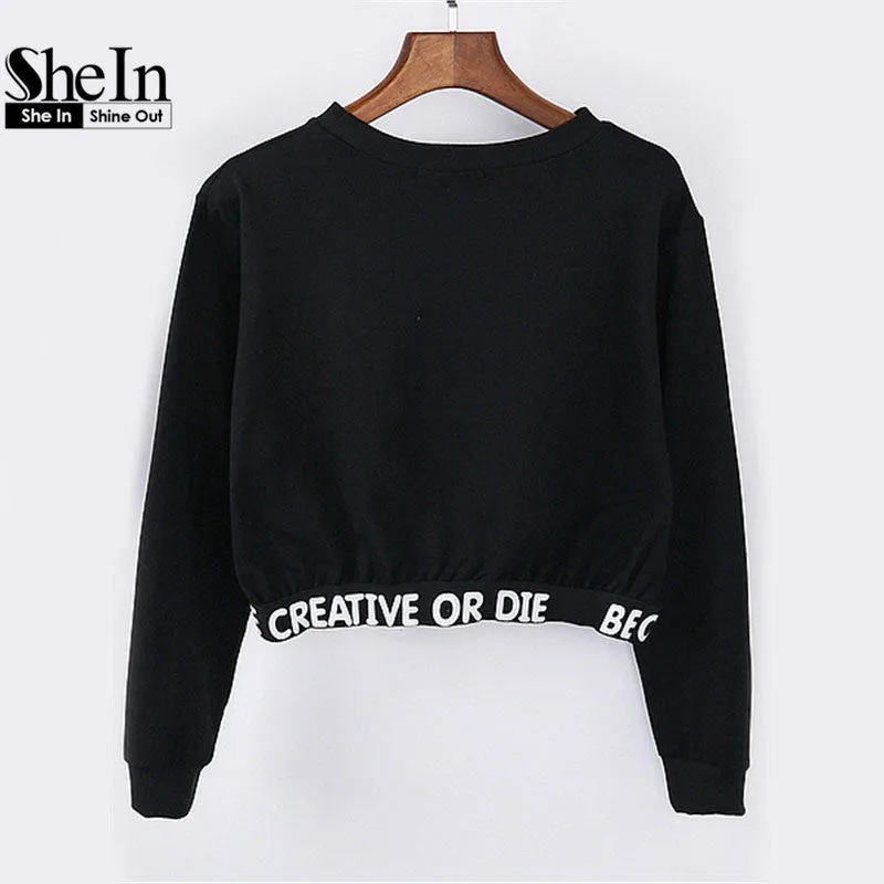 SheIn 2016 Women's Casual Pullovers Fashion Tops Round Neck Long Sleeve Black Letters Printed Cropped Sweatshirt