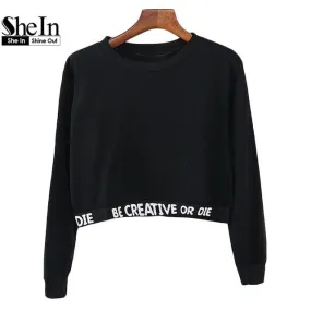 SheIn 2016 Women's Casual Pullovers Fashion Tops Round Neck Long Sleeve Black Letters Printed Cropped Sweatshirt