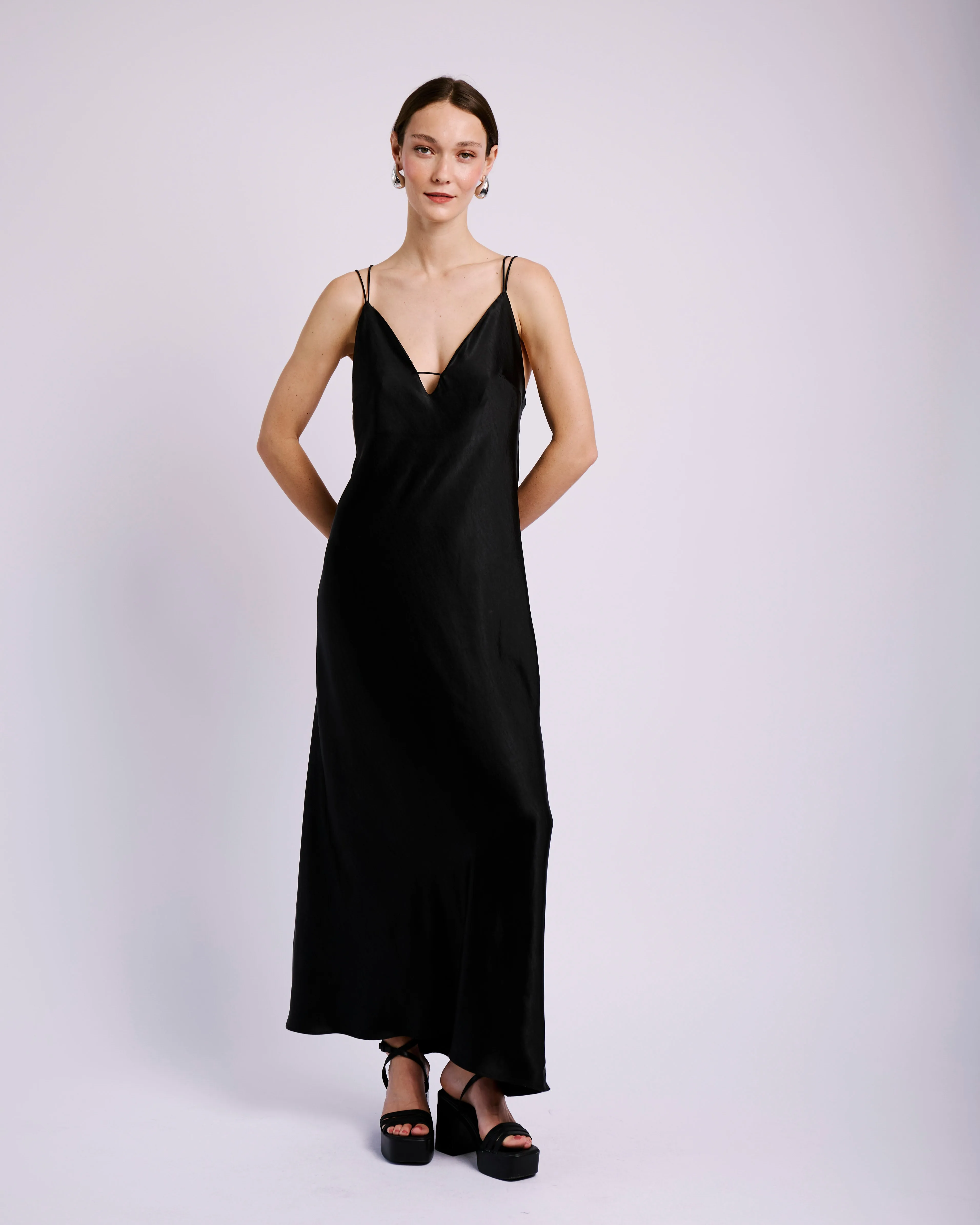 Shock Cord Slip Dress  in Black