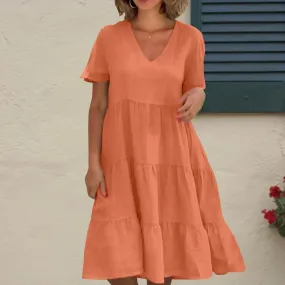 Short Sleeve Pleated Ruffle Solid Casual V Neck Vintage Loose Midi Summer Dress