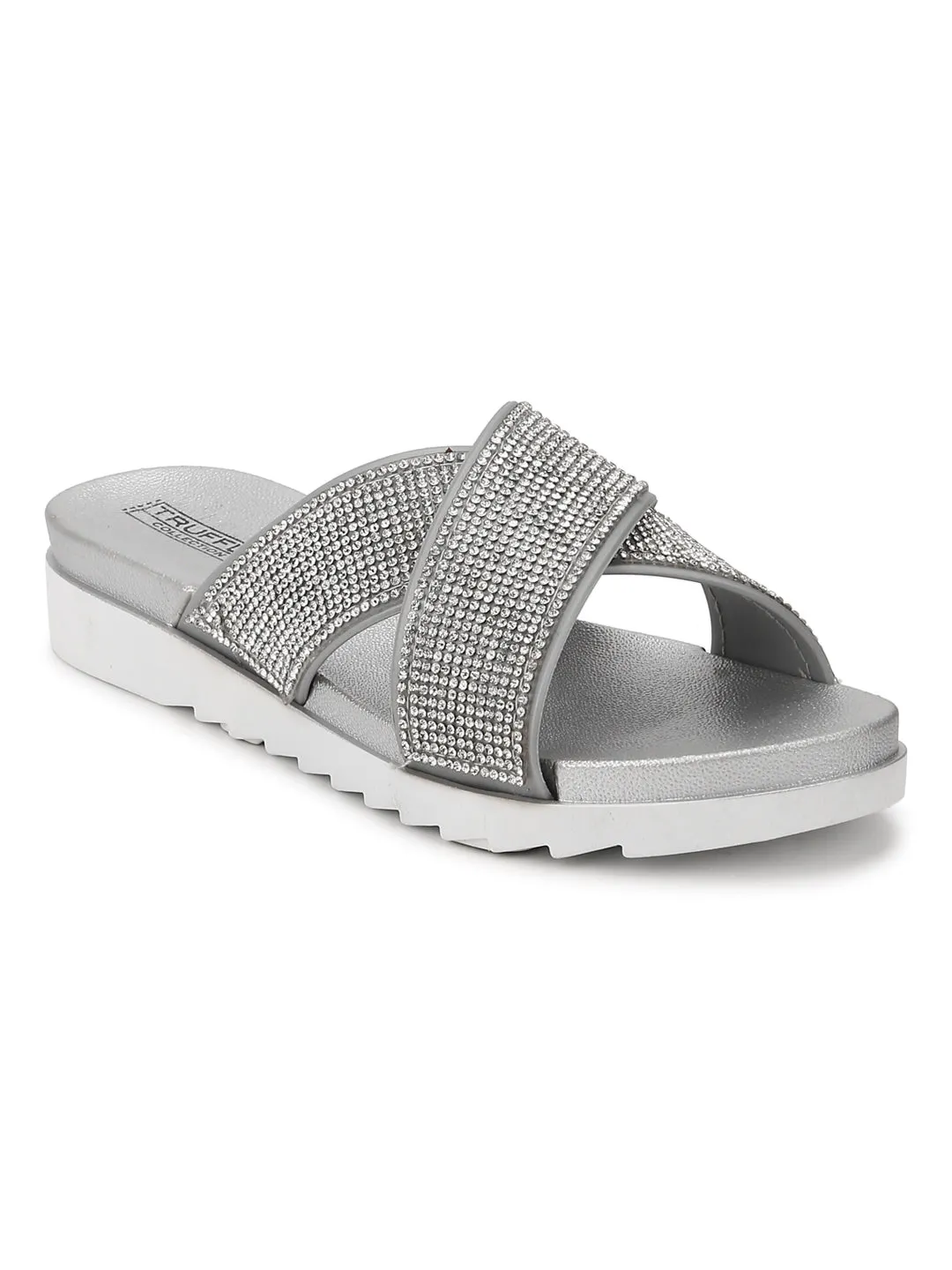 Silver Diamante Crossover Slip-On Flats