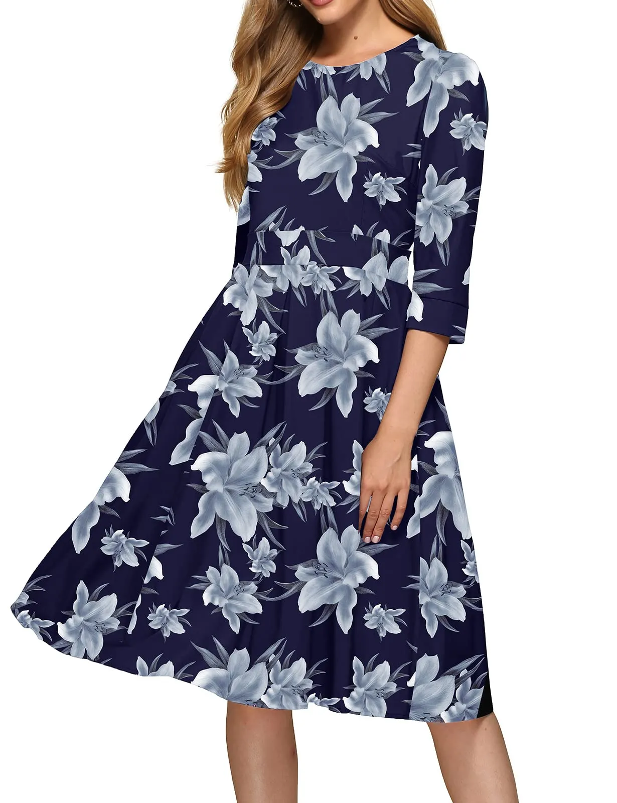 Simple Flavor Women's Floral Vintage Dress Elegant Midi Evening Dress 3/4 Sleeves