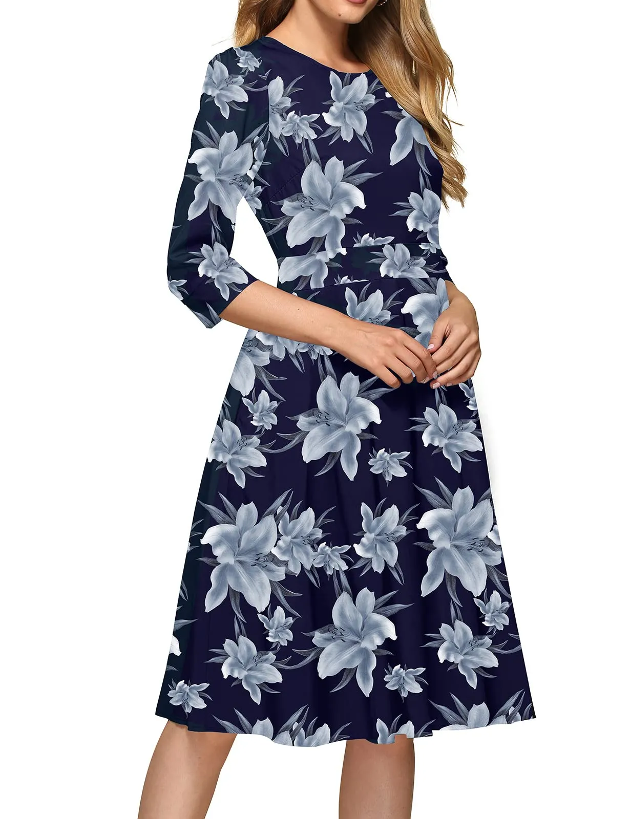 Simple Flavor Women's Floral Vintage Dress Elegant Midi Evening Dress 3/4 Sleeves