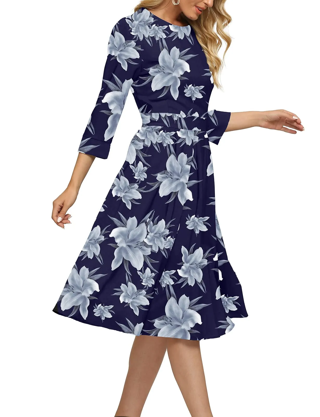 Simple Flavor Women's Floral Vintage Dress Elegant Midi Evening Dress 3/4 Sleeves